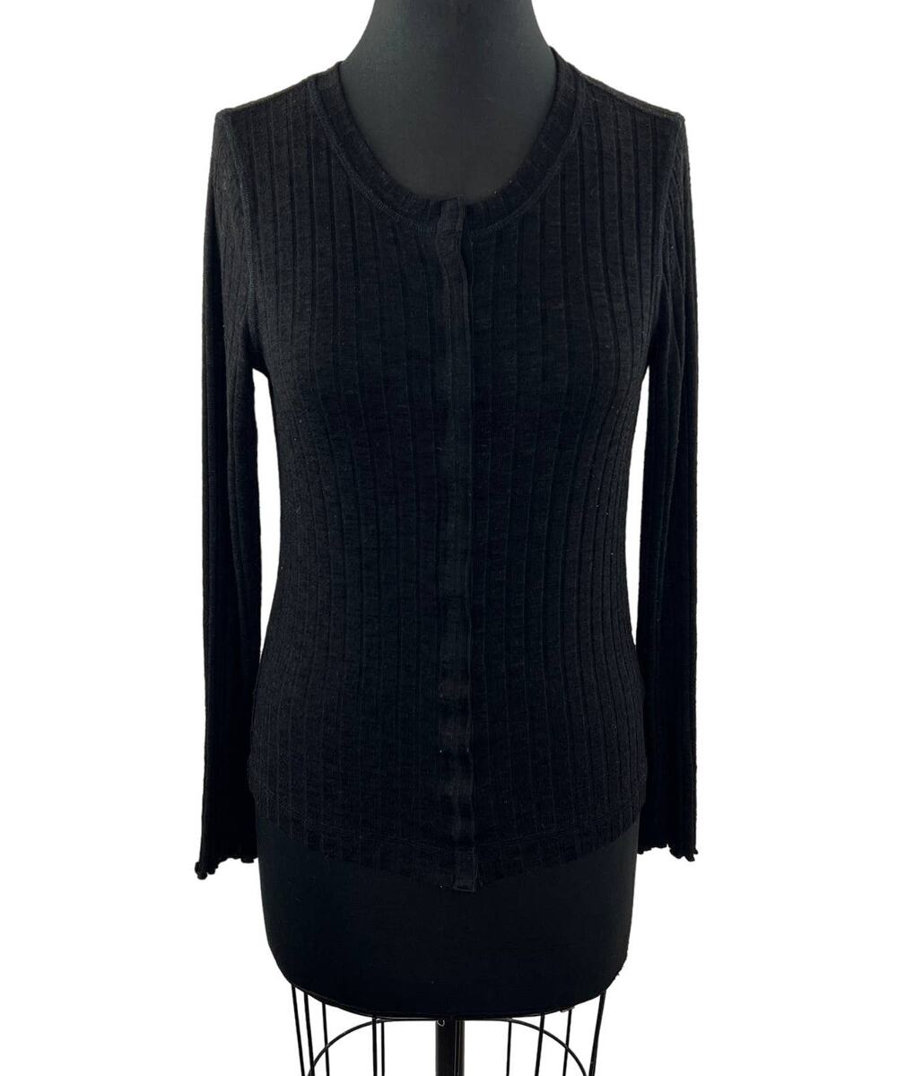 MICHAEL STARS Black Ribbed Long Sleeve Round Neck Button Down Cardigan OS